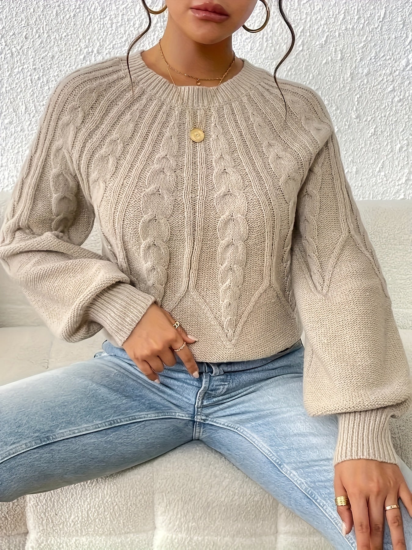 Cable Knitted Sweater with Lantern Sleeves